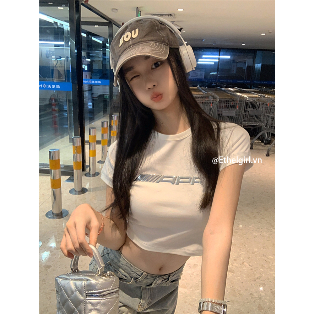 Ethelgirl Áo Croptop Tay Ngắn Cổ Tròn In Chữ Quyến Rũ Thời Trang Cho Nữ