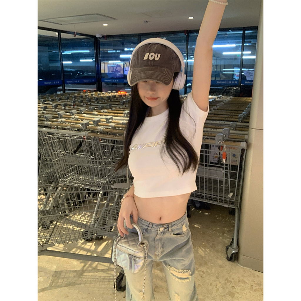 Ethelgirl Áo Croptop Tay Ngắn Cổ Tròn In Chữ Quyến Rũ Thời Trang Cho Nữ