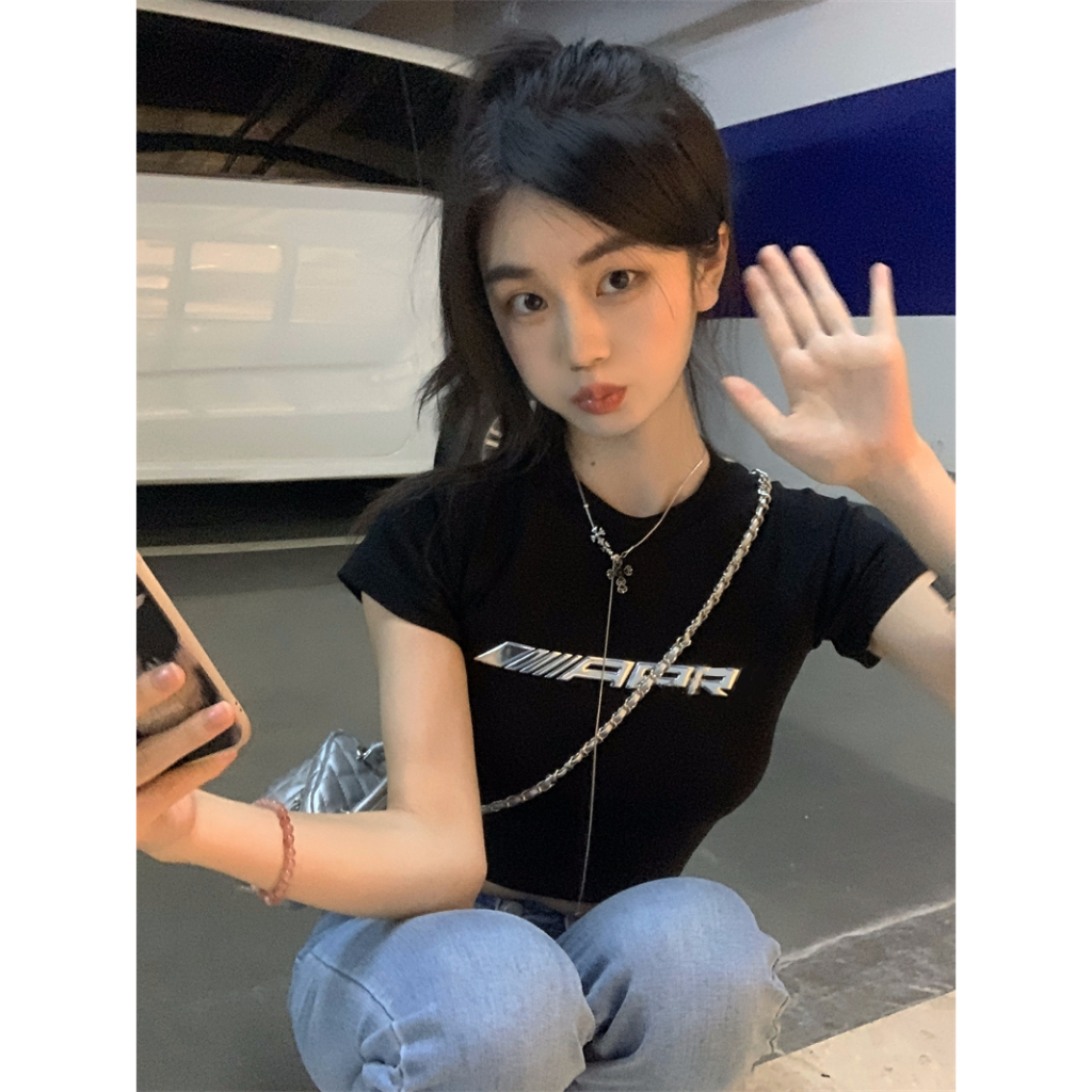 Ethelgirl Áo Croptop Tay Ngắn Cổ Tròn In Chữ Quyến Rũ Thời Trang Cho Nữ