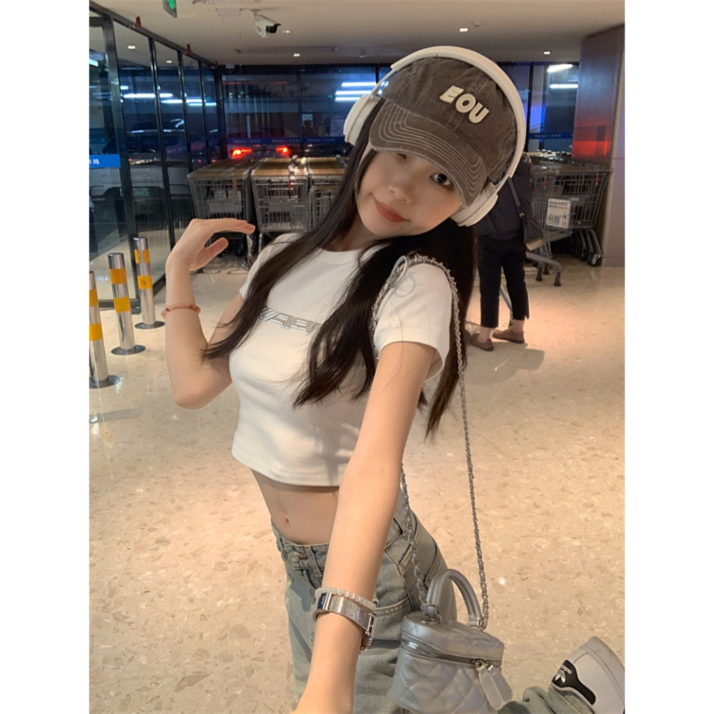 Ethelgirl Áo Croptop Tay Ngắn Cổ Tròn In Chữ Quyến Rũ Thời Trang Cho Nữ