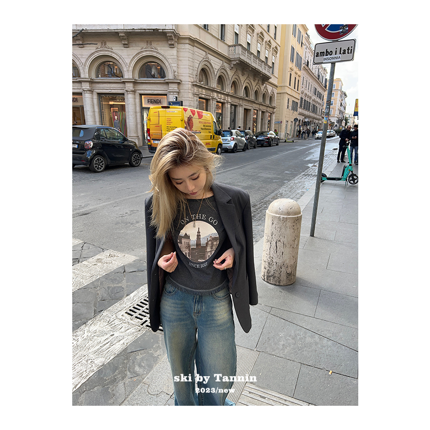 Ethelgirl Áo Thun Tay Ngắn Cổ Tròn In Họa Tiết Phối Tua Rua Phong Cách Retro Mỹ Cho Nữ