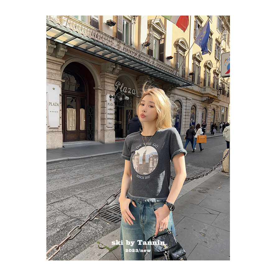 Ethelgirl Áo Thun Tay Ngắn Cổ Tròn In Họa Tiết Phối Tua Rua Phong Cách Retro Mỹ Cho Nữ