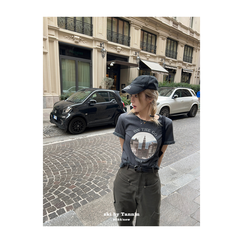 Ethelgirl Áo Thun Tay Ngắn Cổ Tròn In Họa Tiết Phối Tua Rua Phong Cách Retro Mỹ Cho Nữ