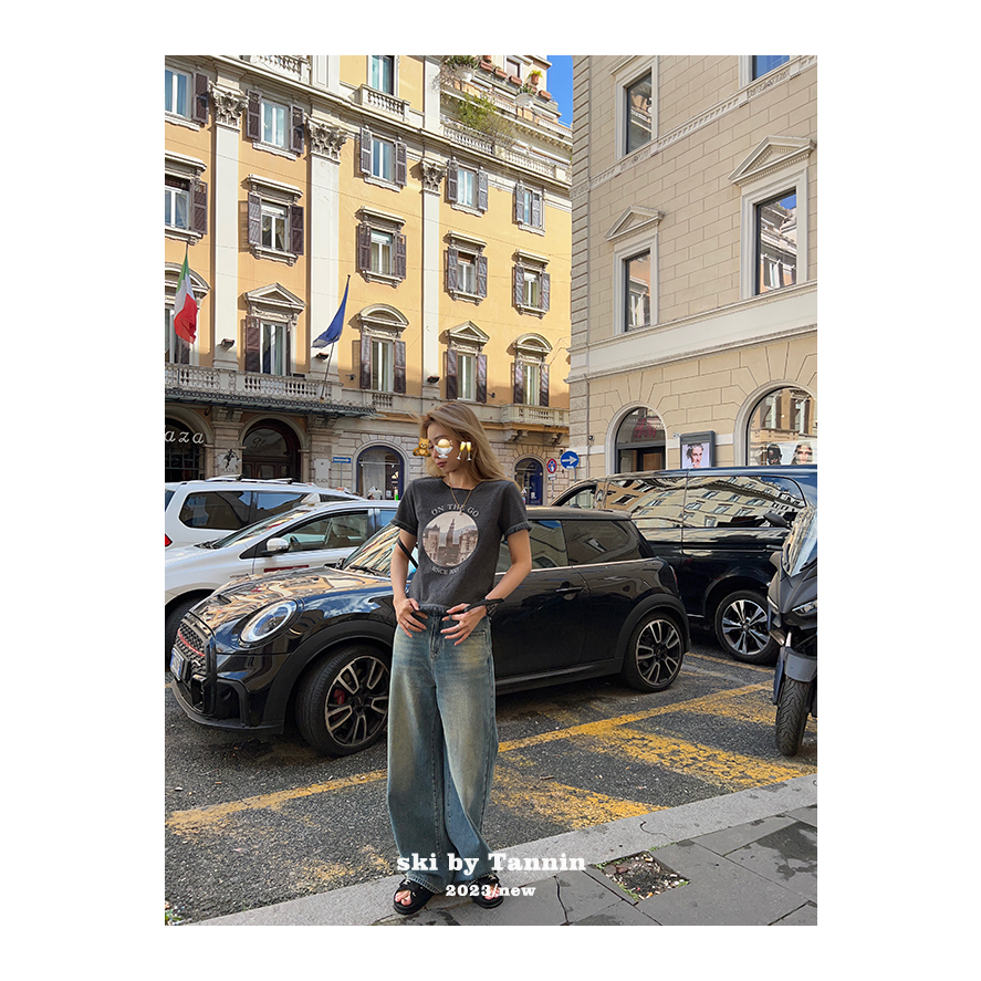 Ethelgirl Áo Thun Tay Ngắn Cổ Tròn In Họa Tiết Phối Tua Rua Phong Cách Retro Mỹ Cho Nữ