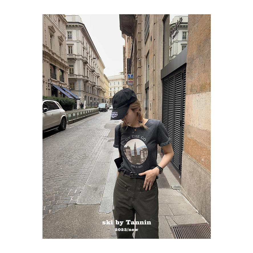 Ethelgirl Áo Thun Tay Ngắn Cổ Tròn In Họa Tiết Phối Tua Rua Phong Cách Retro Mỹ Cho Nữ