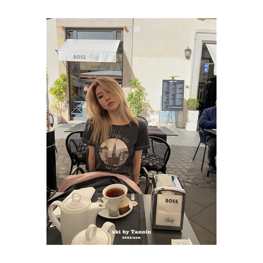 Ethelgirl Áo Thun Tay Ngắn Cổ Tròn In Họa Tiết Phối Tua Rua Phong Cách Retro Mỹ Cho Nữ