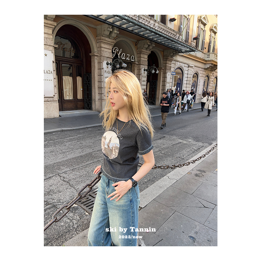 Ethelgirl Áo Thun Tay Ngắn Cổ Tròn In Họa Tiết Phối Tua Rua Phong Cách Retro Mỹ Cho Nữ