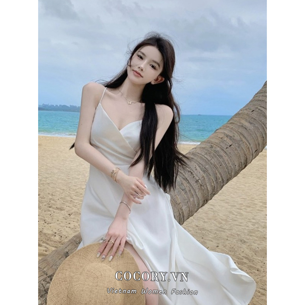 Cocory vn Đầm Maxi Trắng Dài Lưng Cao Cổ Chữ V Hở Lưng Quyến Rũ Kiểu Pháp Cho Nữ (S-XL)