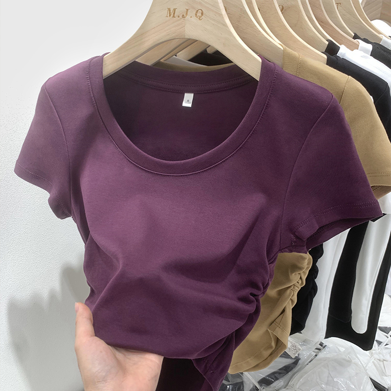 Áo Thun Ngắn Tay Cổ Chữ U Màu Trơn Thời Trang Mùa Hè Mới Cho Nữ