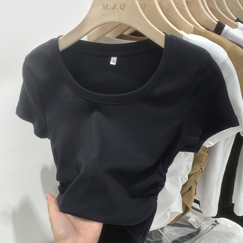 Áo Thun Ngắn Tay Cổ Chữ U Màu Trơn Thời Trang Mùa Hè Mới Cho Nữ