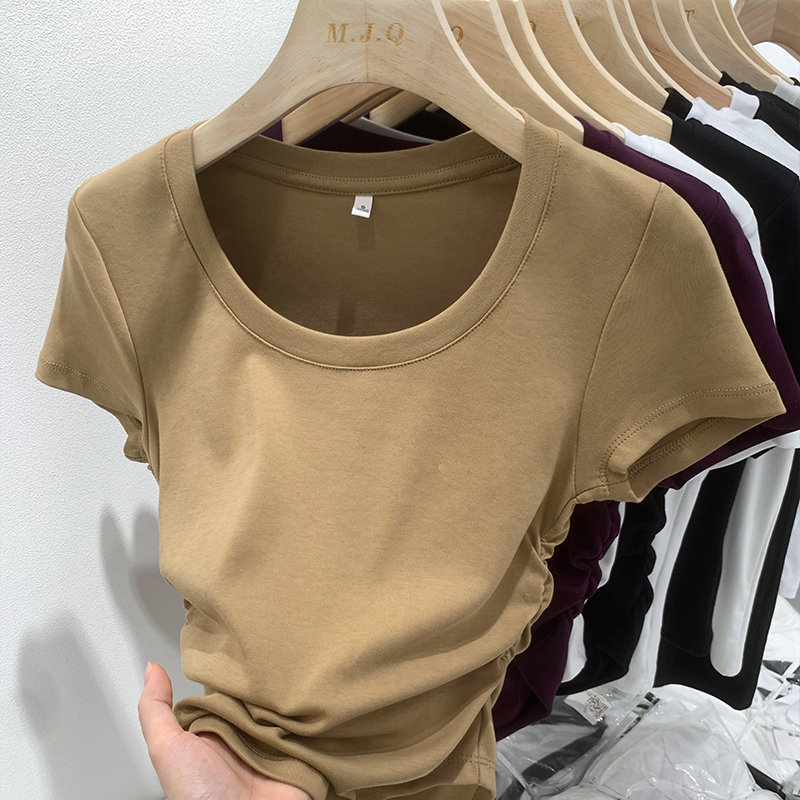 Áo Thun Ngắn Tay Cổ Chữ U Màu Trơn Thời Trang Mùa Hè Mới Cho Nữ