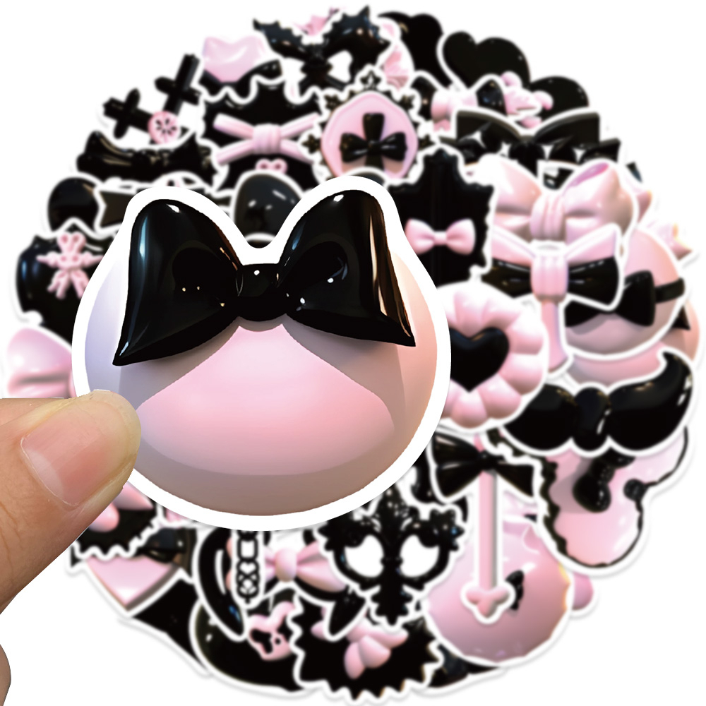 Set 50 Sticker Dán Trang Trí Sổ Tay Chống Nước Họa Tiết Hoạt Hình 3D Màu Hồng Đen