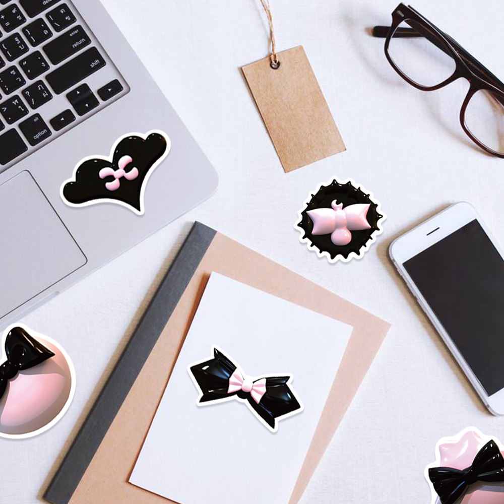 Set 50 Sticker Dán Trang Trí Sổ Tay Chống Nước Họa Tiết Hoạt Hình 3D Màu Hồng Đen