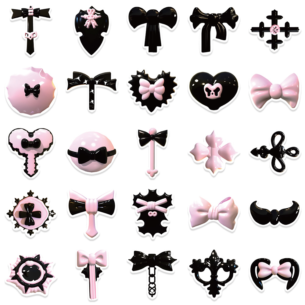 Set 50 Sticker Dán Trang Trí Sổ Tay Chống Nước Họa Tiết Hoạt Hình 3D Màu Hồng Đen