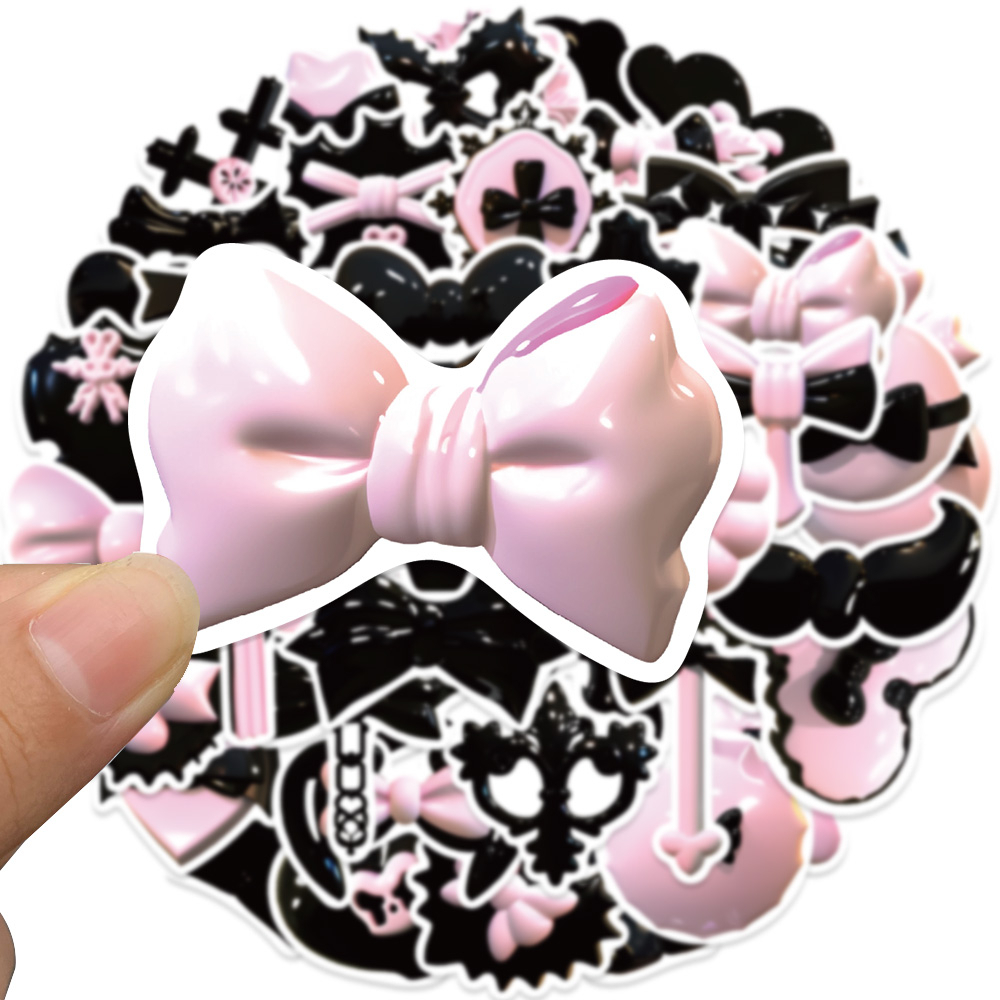Set 50 Sticker Dán Trang Trí Sổ Tay Chống Nước Họa Tiết Hoạt Hình 3D Màu Hồng Đen
