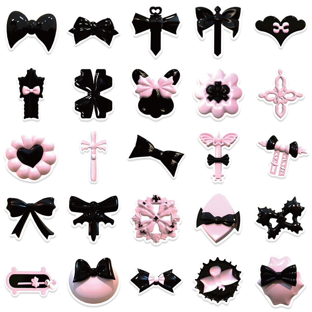 Set 50 Sticker Dán Trang Trí Sổ Tay Chống Nước Họa Tiết Hoạt Hình 3D Màu Hồng Đen