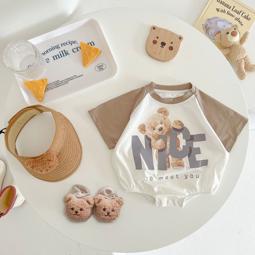 Bộ áo liền quần TTKAABABY ngắn tay họa tiết gấu dễ thương thời trang mùa hè cho bé trai từ 0-24 tháng tuổi