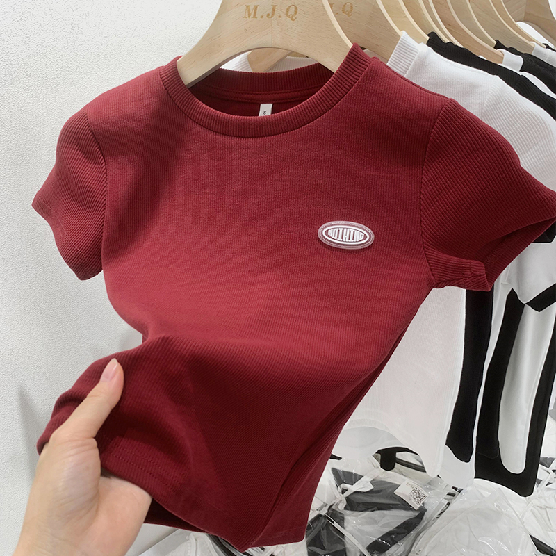 Áo Thun cotton Ngắn Tay Cổ Tròn Ôm Dáng Phong Cách Châu Âu