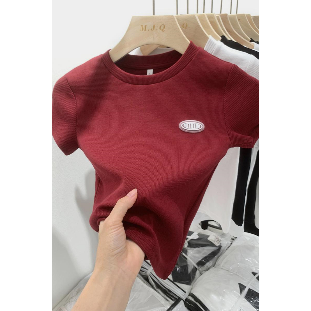 Áo Thun cotton Ngắn Tay Cổ Tròn Ôm Dáng Phong Cách Châu Âu