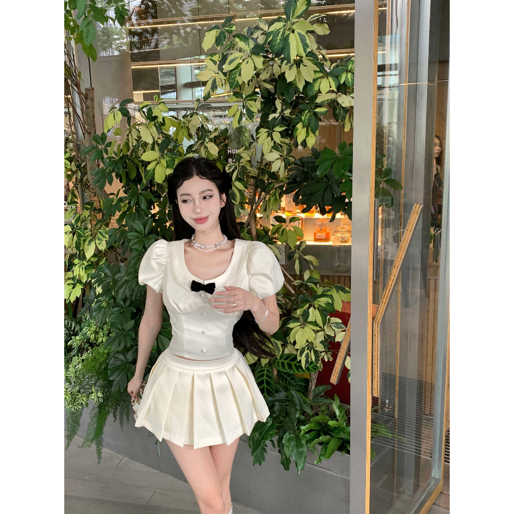 【COLORBLLIND】Set Áo Sơ Mi Cổ Búp Bê Phối Chân Váy Xếp Ly Lưng Cao Vải Satin Thời Trang Cao Cấp