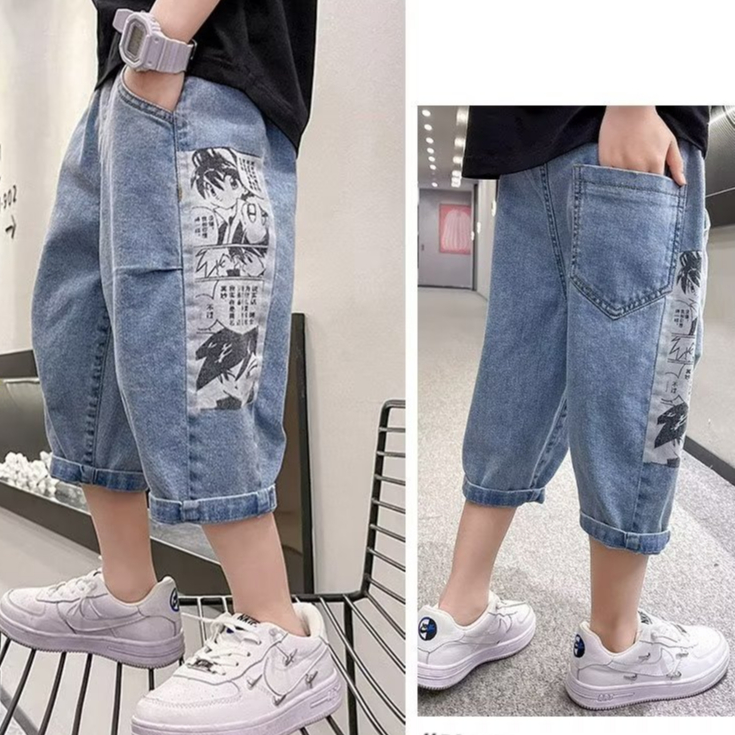 BXPB Quần Short Denim Dáng Rộng In Họa Tiết Hoạt Hình Thời Trang Mùa Hè Cho Bé Trai 110-170
