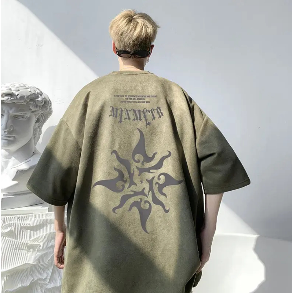 Áo Thun Ngắn Tay Cổ Tròn Dáng Rộng In Họa Tiết Cá Tính Theo Phong Cách Hongkong Dành Cho Nam