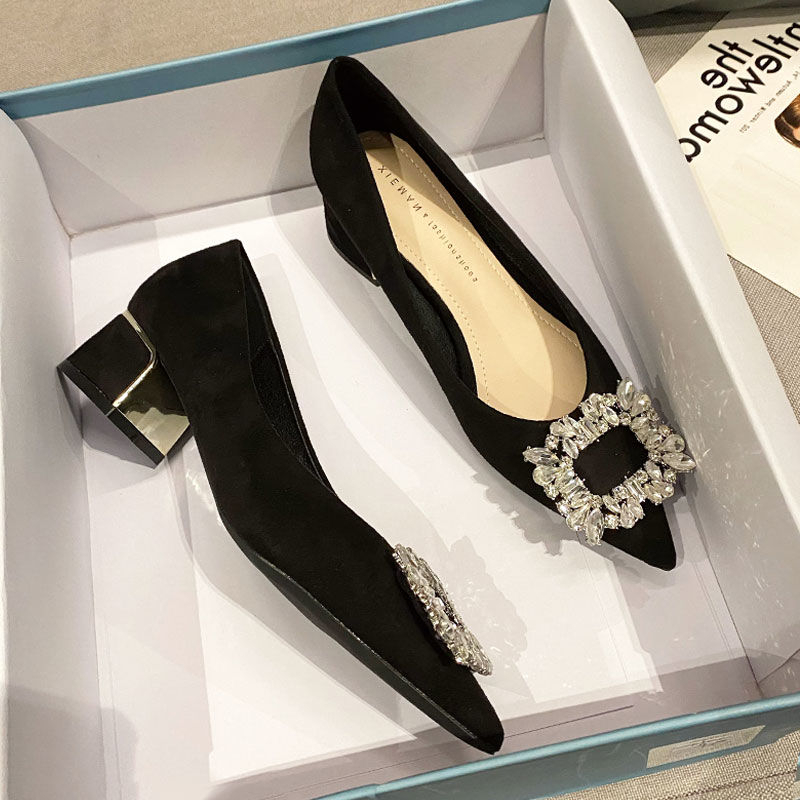 Giày Cao Gót 3Cm Da Lộn Mũi Nhọn Cài Khóa Đính Đá Hình Bông Tuyết Dễ Thương Cho Nữ Size 33-42