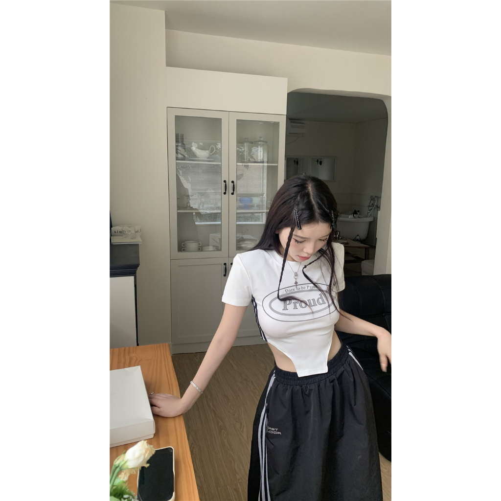 Lalisas Áo Thun Tay Ngắn Dáng Ôm In Chữ Phong Cách retro Mỹ Ngọt Ngào Quyến Rũ Dành Cho Nữ