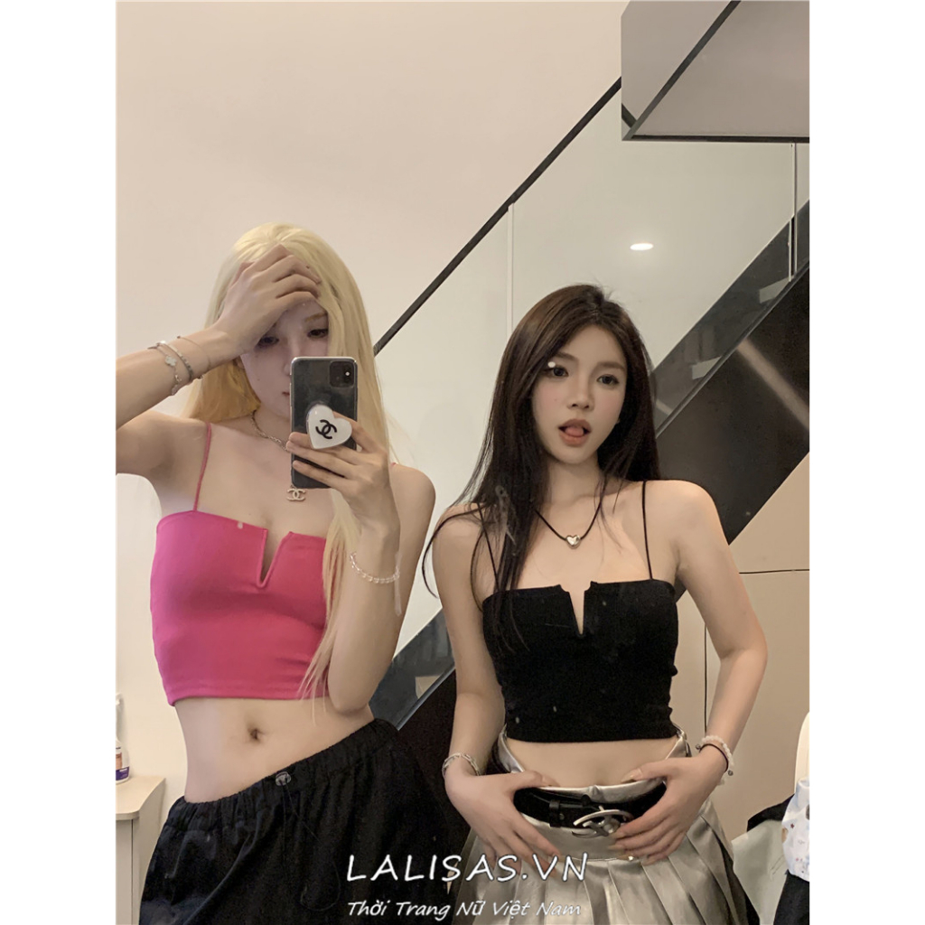 Áo Croptop Hai Dây Cổ Chữ v Khoét Sâu Form Ôm Phong Cách Ngọt Ngào