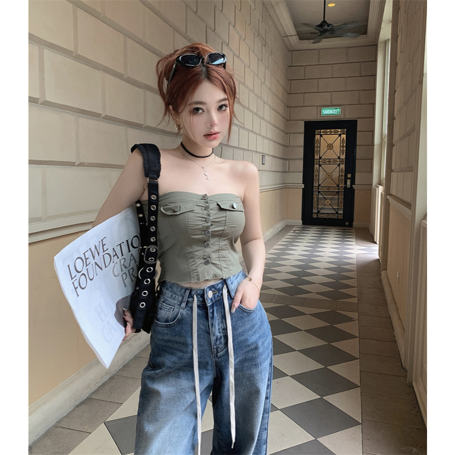 QADCOL Áo Tank Top Ôm Dáng Một Hàng Nút Với Viền Lông Cổ Điển Đa Năng Mùa Hè Cho Nữ