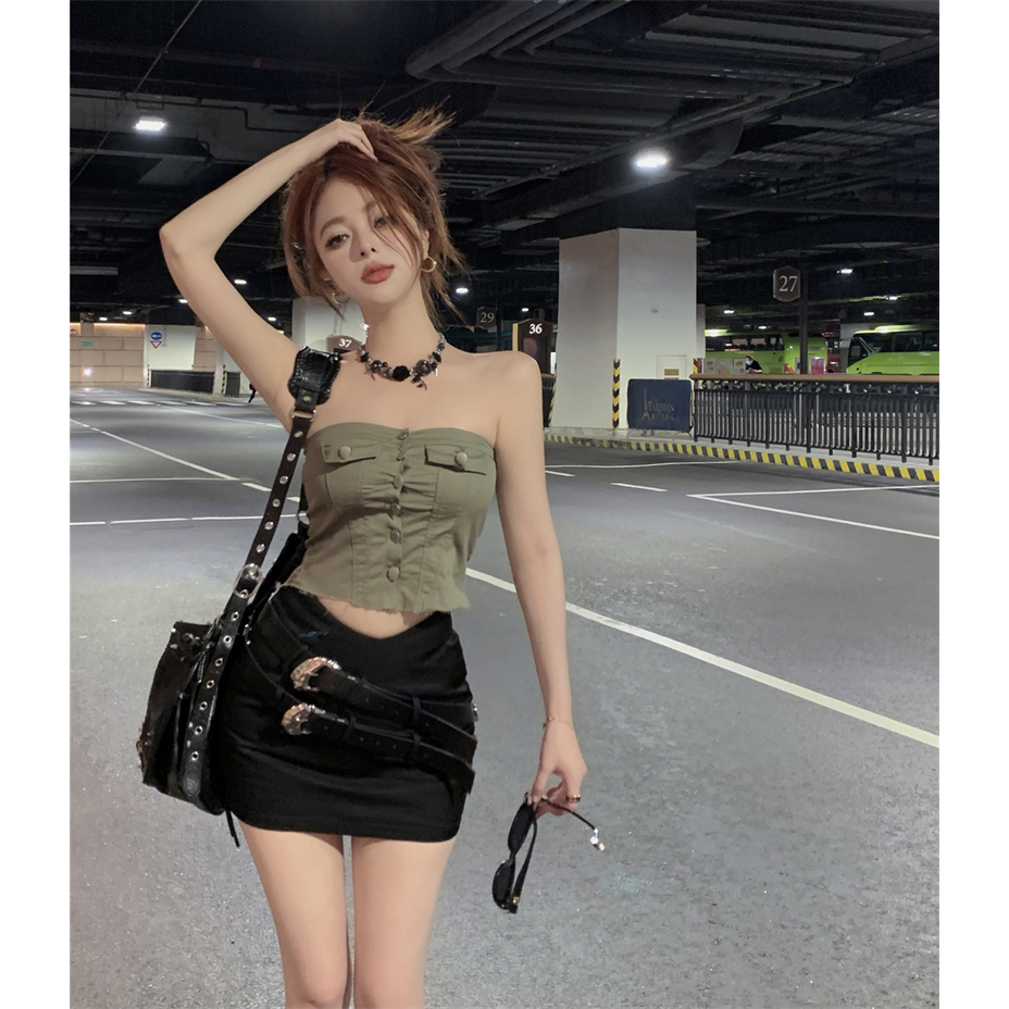 QADCOL Áo Tank Top Ôm Dáng Một Hàng Nút Với Viền Lông Cổ Điển Đa Năng Mùa Hè Cho Nữ