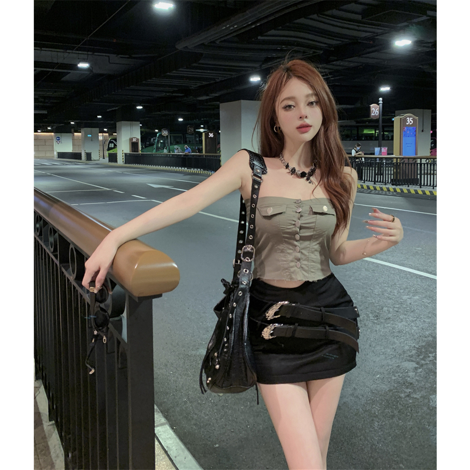 QADCOL Áo Tank Top Ôm Dáng Một Hàng Nút Với Viền Lông Cổ Điển Đa Năng Mùa Hè Cho Nữ