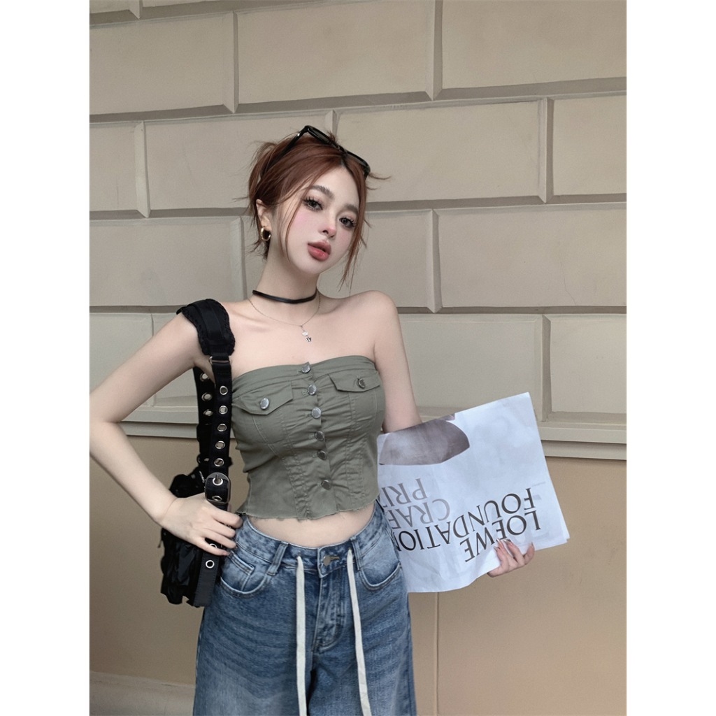 QADCOL Áo Tank Top Ôm Dáng Một Hàng Nút Với Viền Lông Cổ Điển Đa Năng Mùa Hè Cho Nữ