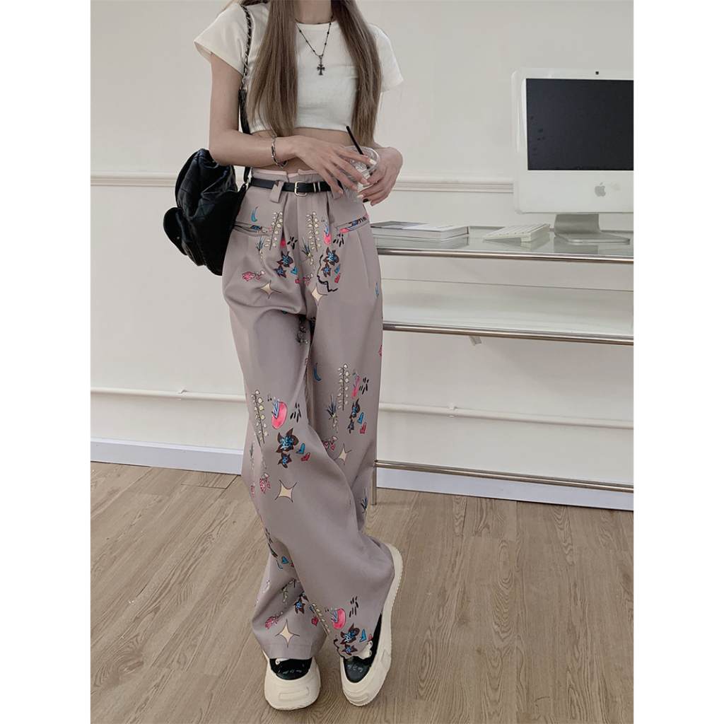 QADCOL Quần Dài Lưng Cao Ống Rộng In Họa Tiết Phong Cách retro Mỹ Thời Trang Mùa Hè Hàng Mới Dành Cho Bạn Nữ