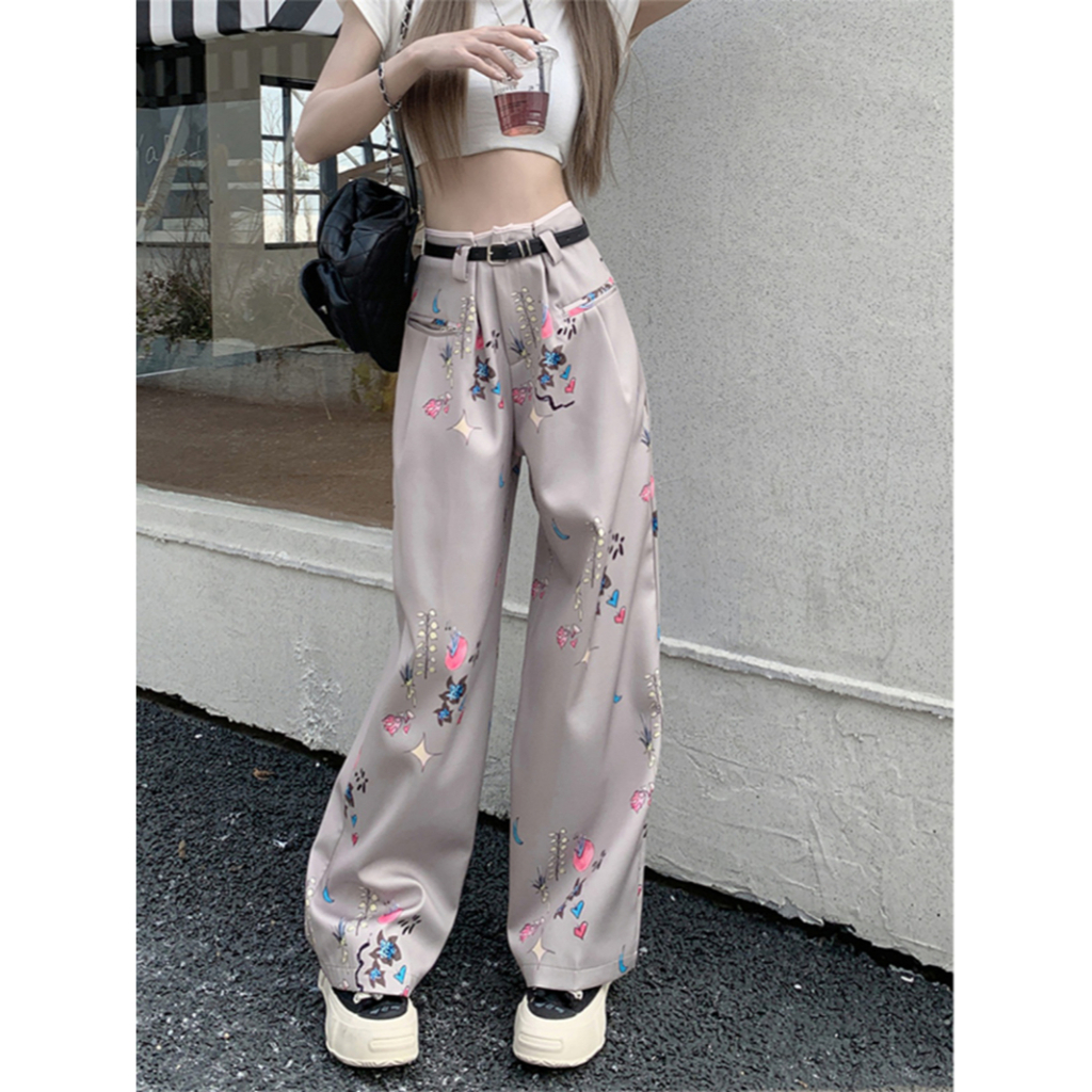 QADCOL Quần Dài Lưng Cao Ống Rộng In Họa Tiết Phong Cách retro Mỹ Thời Trang Mùa Hè Hàng Mới Dành Cho Bạn Nữ