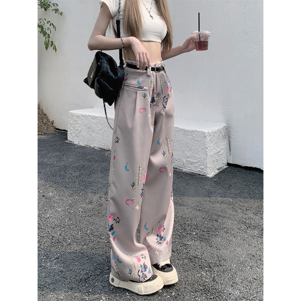 QADCOL Quần Dài Lưng Cao Ống Rộng In Họa Tiết Phong Cách retro Mỹ Thời Trang Mùa Hè Hàng Mới Dành Cho Bạn Nữ