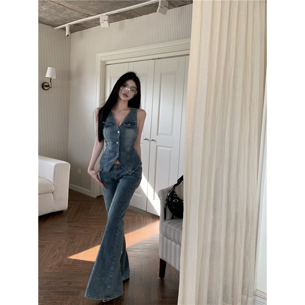 【COLORBLLIND】Bộ Áo Khoác Denim Không Tay + Quần Denim Ống Loe Màu Gradient Thời Trang