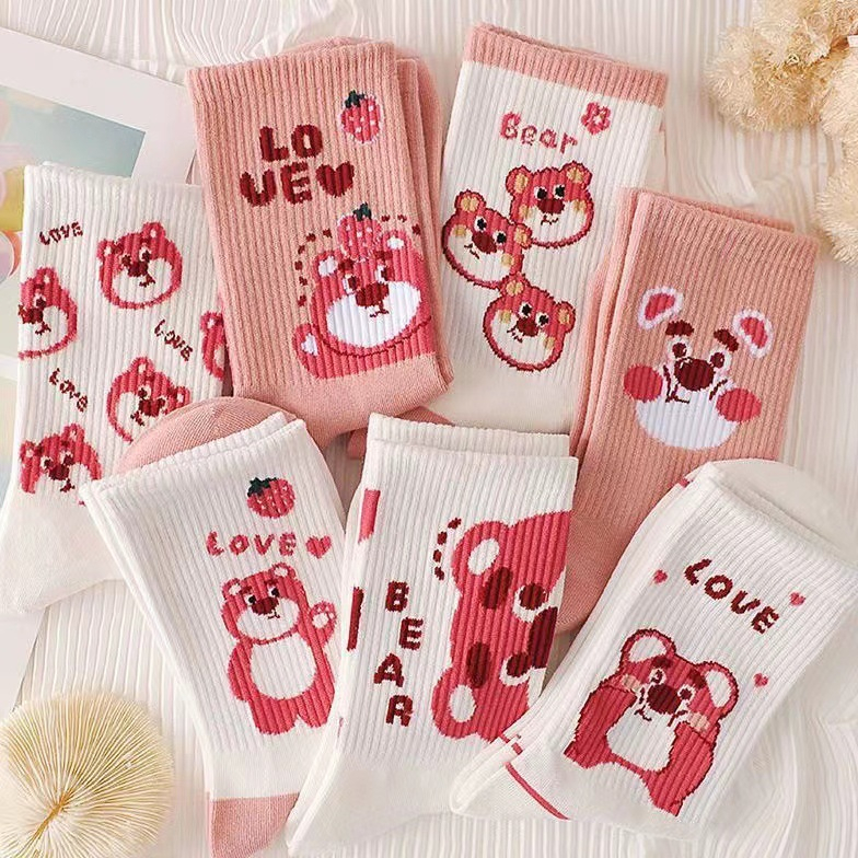 Set 7 Đôi Vớ Cổ Trung Họa Tiết Gấu Hồng Dễ Thương Dành Cho Nữ