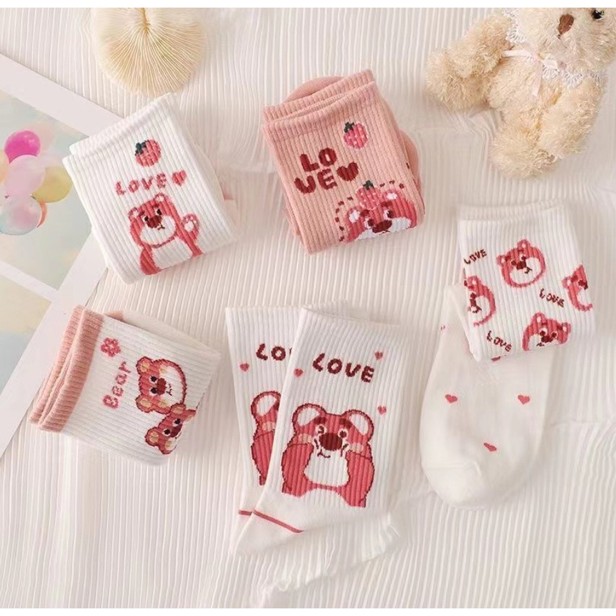 Set 7 Đôi Vớ Cổ Trung Họa Tiết Gấu Hồng Dễ Thương Dành Cho Nữ