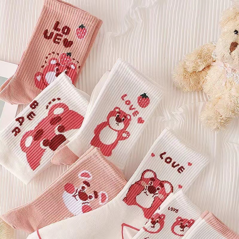 Set 7 Đôi Vớ Cổ Trung Họa Tiết Gấu Hồng Dễ Thương Dành Cho Nữ