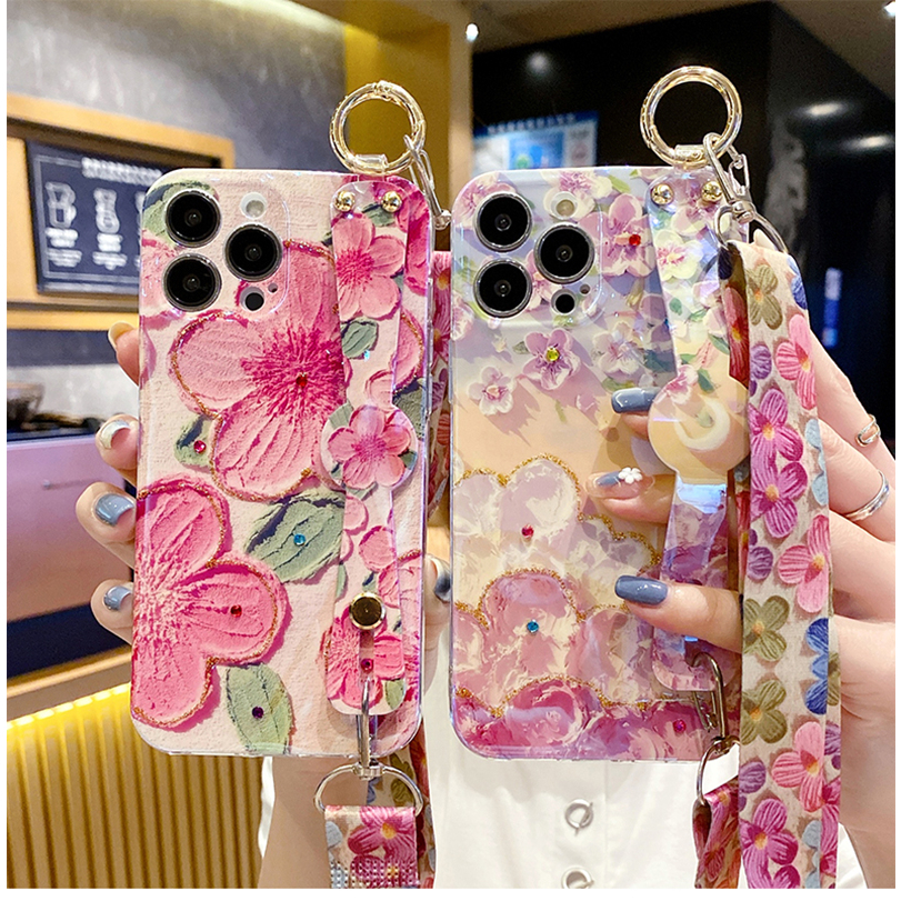 Ốp Điện Thoại Họa Tiết Hoa Có Dây Đeo Cho iPhone 14Pro Max 13 12 11 Pro Max XS X XR 7 8 Plus SE