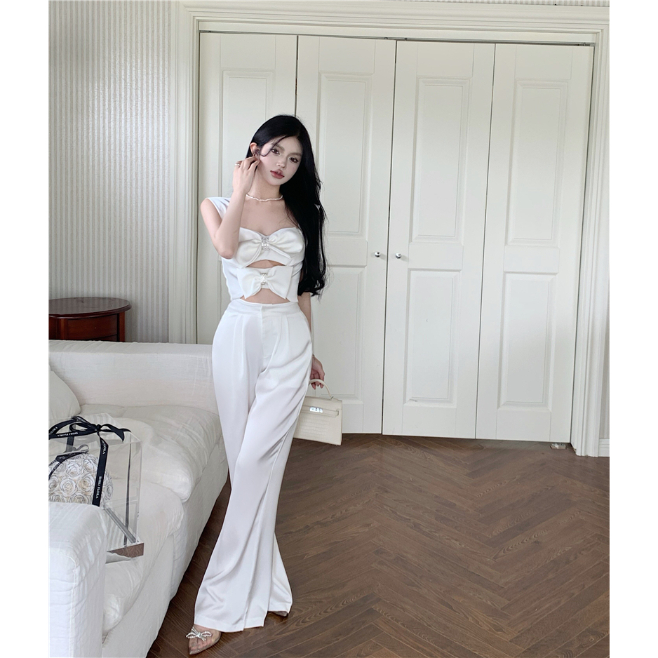 【COLORBLLIND】Bộ Áo Không Tay Đính Nơ + Quần Dài Lưng Cao Ống Rộng Thời Trang Cho Nữ