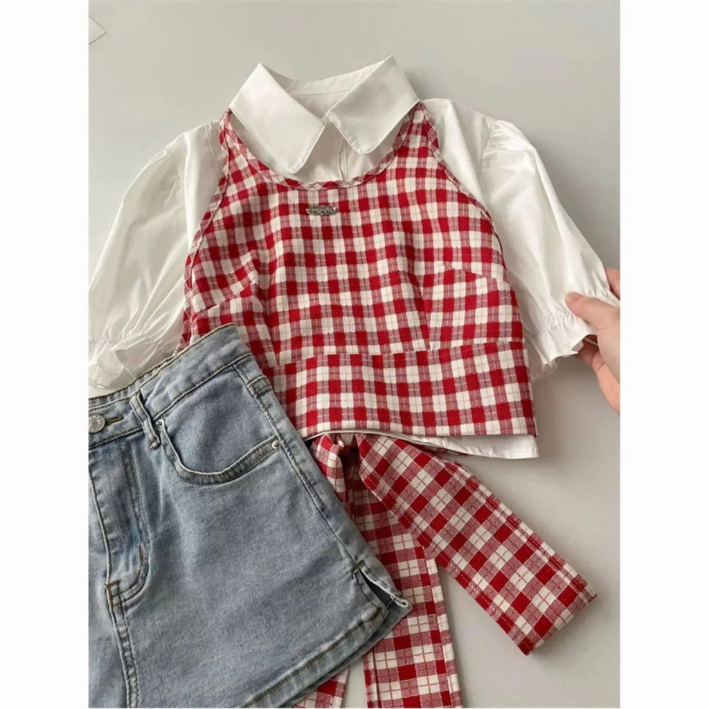 Áo Sơ Mi Ngắn Tay Họa Tiết Ca Rô Kèm Áo Hai Dây Phong Cách Hàn Quốc Dành Cho Nữ
