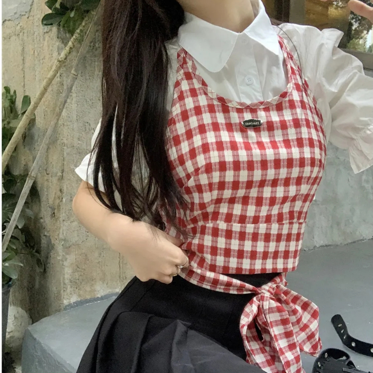 Áo Sơ Mi Ngắn Tay Họa Tiết Ca Rô Kèm Áo Hai Dây Phong Cách Hàn Quốc Dành Cho Nữ