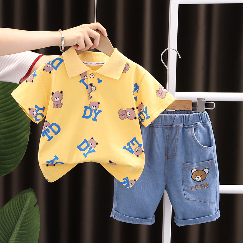 Set Đồ Mùa Hè 2 Món Gồm Áo Thun Cotton Có Cổ In Hình Gấu Và Quần Ngắn Thời Trang Cho Bé Sơ Sinh