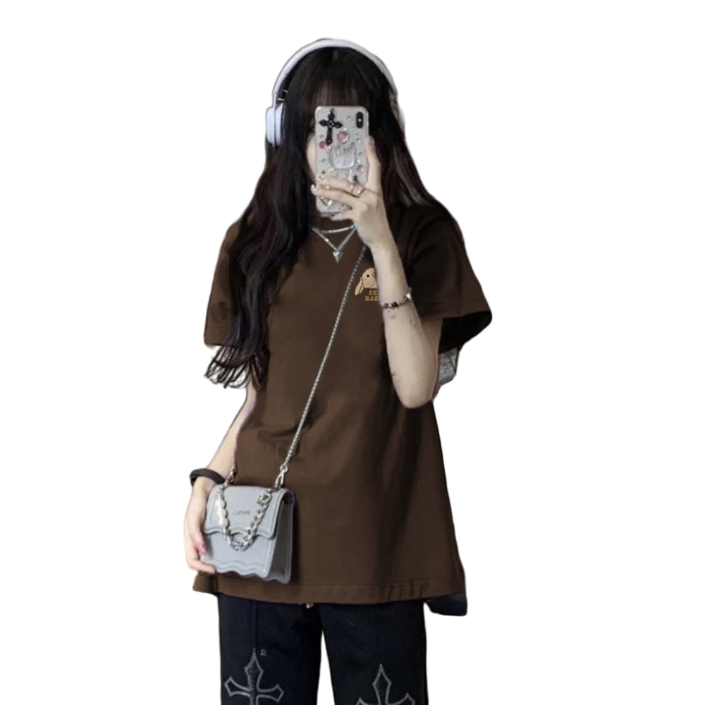 Áo Thun cotton Rộng oversize Tay Ngắn Màu Nâu Cho Nữ