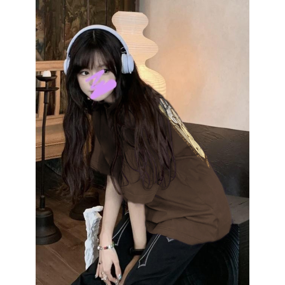 Áo Thun cotton Rộng oversize Tay Ngắn Màu Nâu Cho Nữ