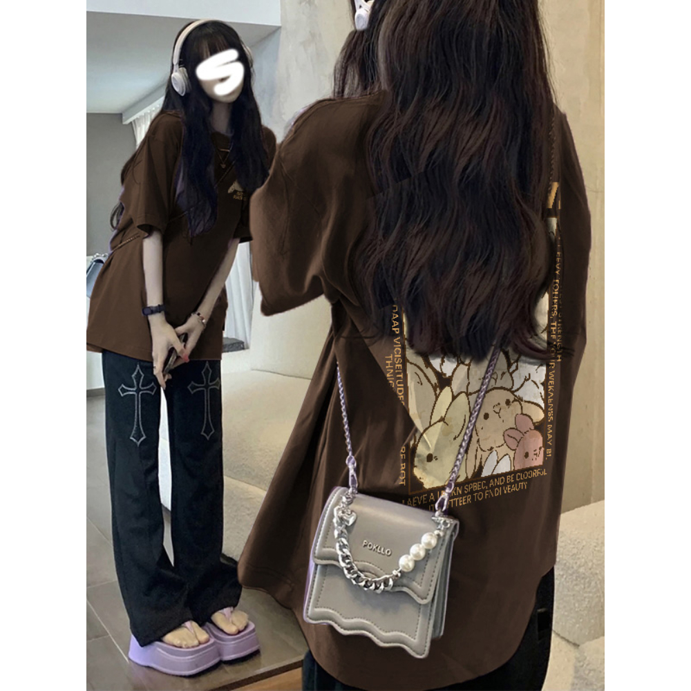Áo Thun cotton Rộng oversize Tay Ngắn Màu Nâu Cho Nữ