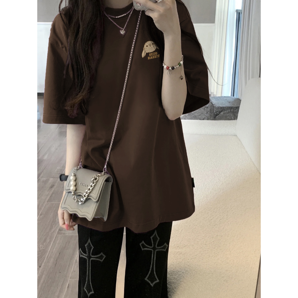 Áo Thun cotton Rộng oversize Tay Ngắn Màu Nâu Cho Nữ