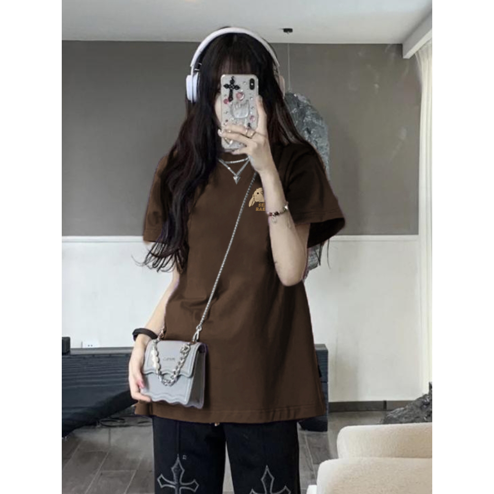 Áo Thun cotton Rộng oversize Tay Ngắn Màu Nâu Cho Nữ